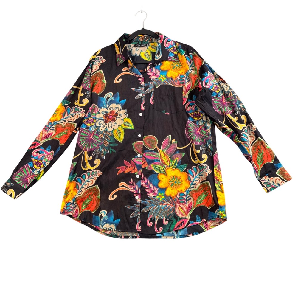 KikiSol Tropical Floral‎ Button Down Shirt M Art To Wear Indie Boho Vacation